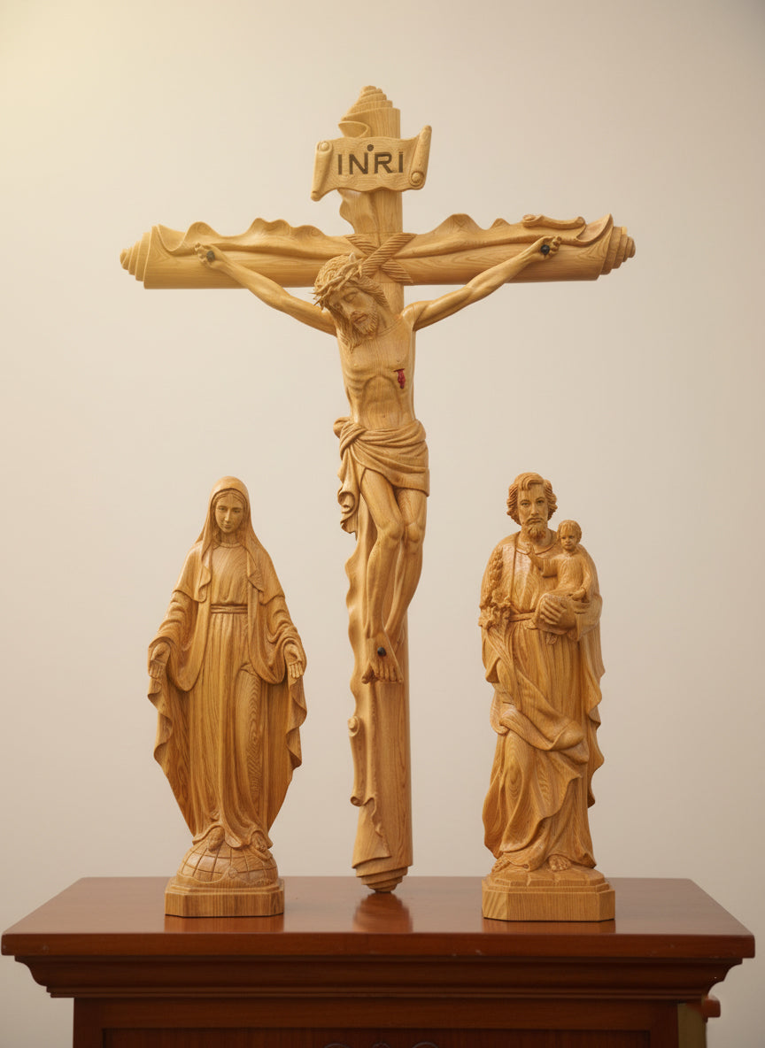 Wooden Catholic Statue Set, Crucifix Jesus Cross with Virgin Mary and Saint Joseph, Handmade Christian Religious Home Altar Decor